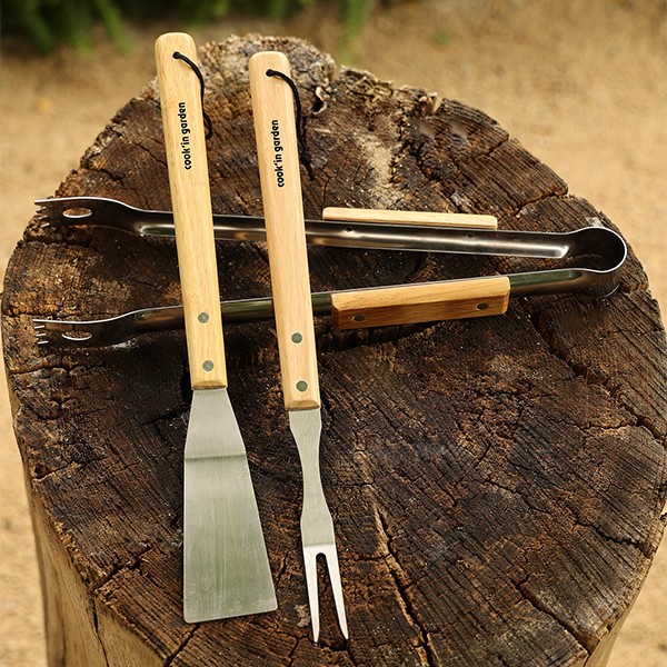 Accessoires - Set van 3 keukengerei, roestvrij staal en hout.