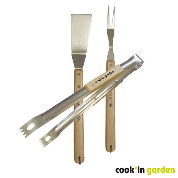 Accessoires - Set van 3 keukengerei, roestvrij staal en hout.